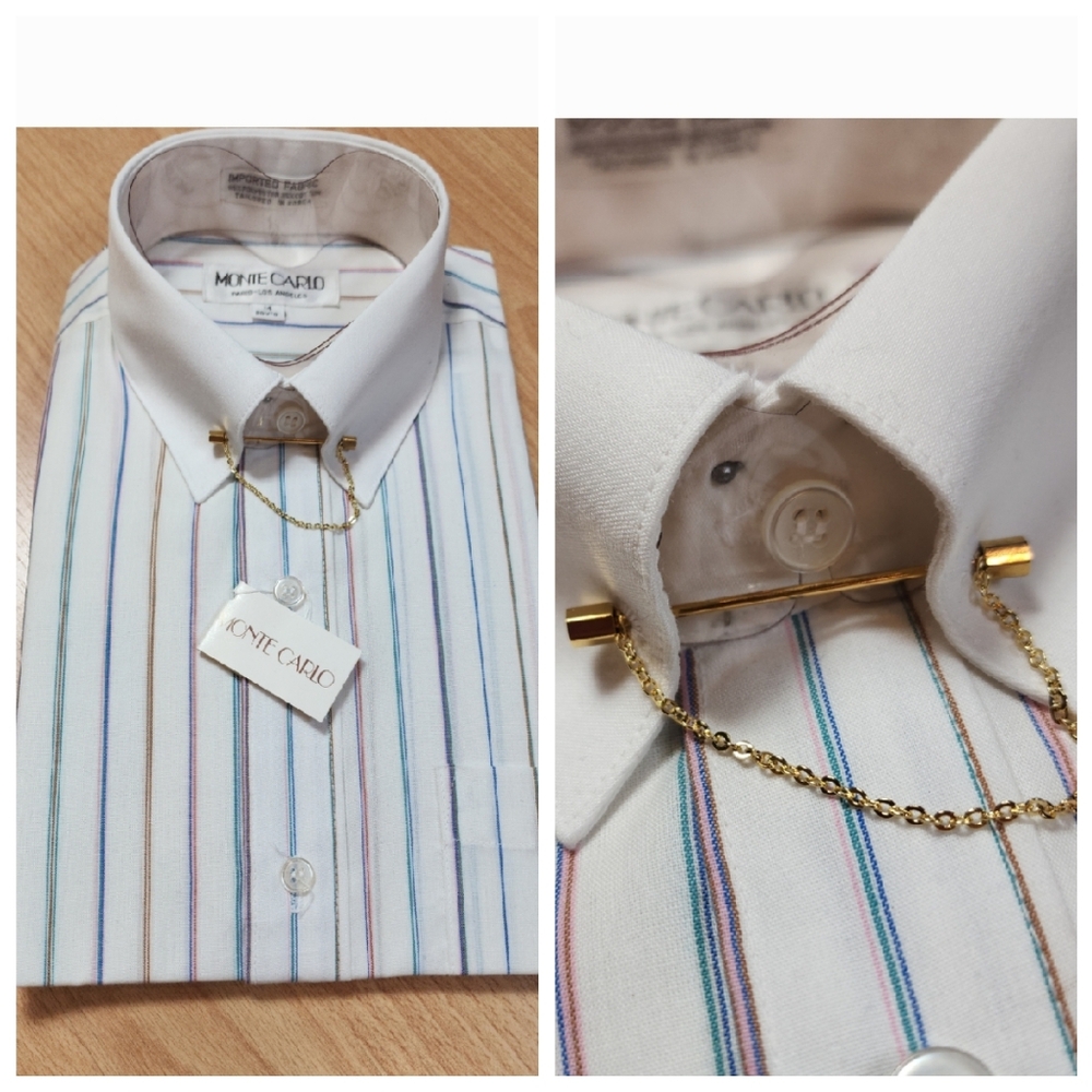 Vintage Monte Carlo Multicolored Stripe White Long Sleeve‎ Button Shirt Boys 14